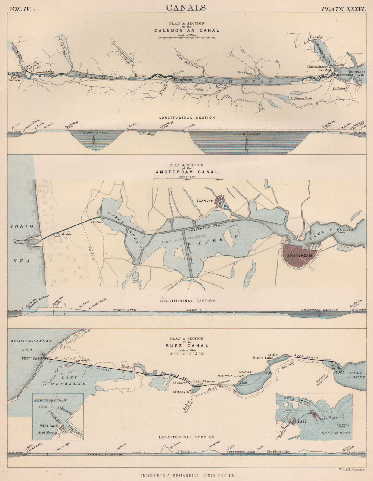 CANALS. Caledonian Amsterdam & Suez Canals. Plan & sections. BRITANNICA 1898 map